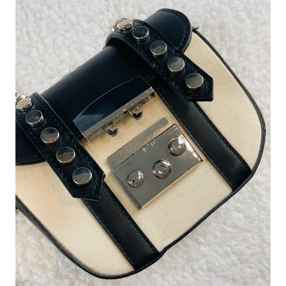 ZARA • Black/Cream Faux Leather and Canvas Studded Mini Chainlink Crossbody Bag - Picture 9 of 16